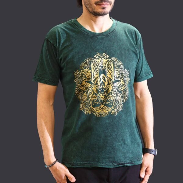 Nomad Sari Unisex Stonewashed Green Hamsa Cotton T-Shirt (Medium)