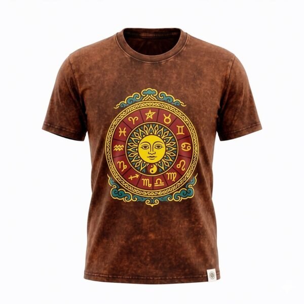 Nomad Sari Unisex Stonewashed Brown Sun & Zodiac Cotton T-Shirt (Small)