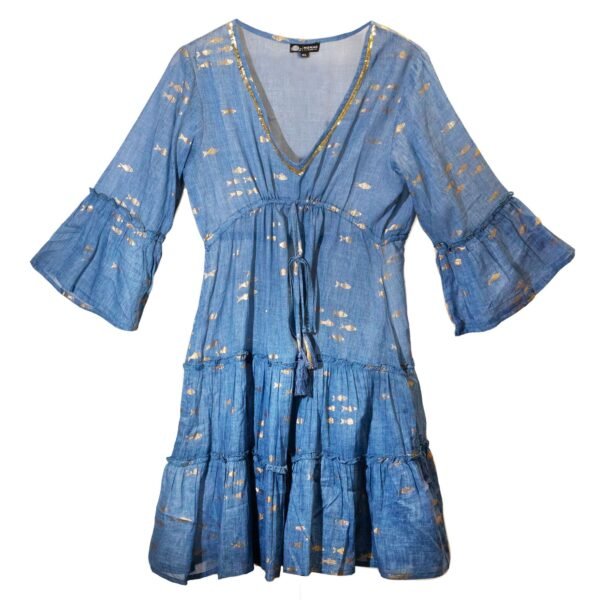 Nomad Sari Sea Blue & Gold Fish Design Print Dress (L/XL)