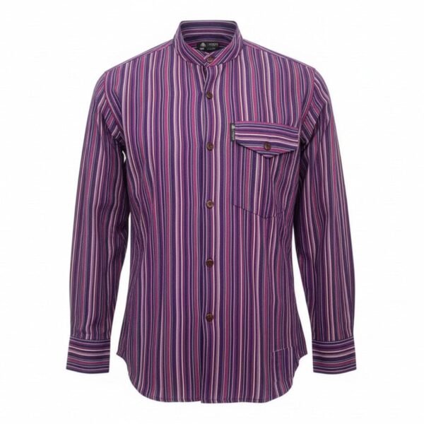 Nomad Sari Men’s Black & Purple Stripes Design Grandad Shirt (Large)