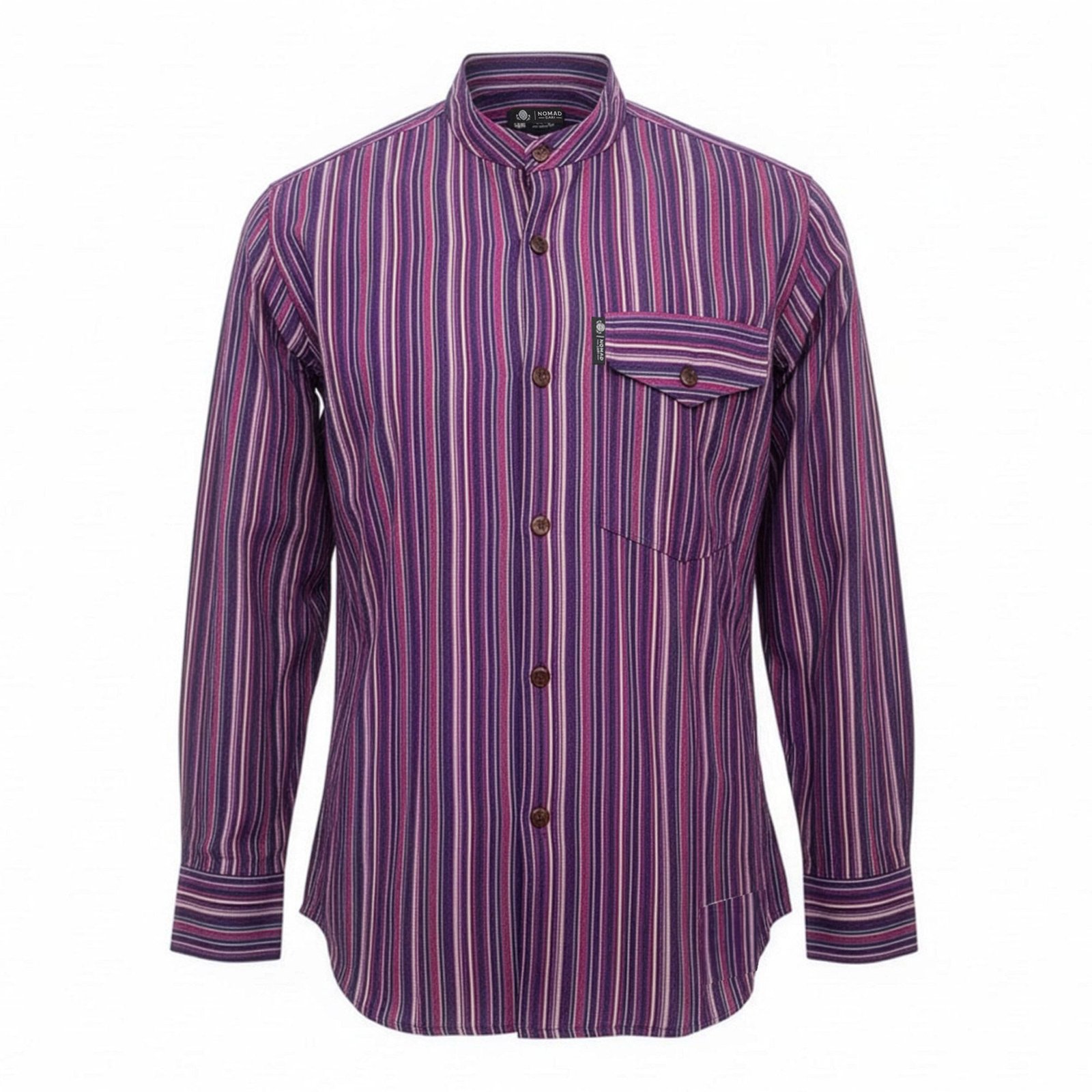 bG9jYWw6Ly9tZWRpYS8xUi9FRS82MFIzMEMxSjY4VzNFRTFSLzg2ZjRhMmY5LmpwZw.jpg Nomad Sari Men’s Black & Purple Stripe Design Grandad Shirt (Large) - Image 1