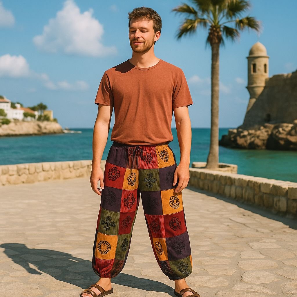 bG9jYWw6Ly9tZWRpYS8xUi9HQy82MFIzMEMxSDc0VjNHQzFSL2M3NjkxYjk0LnBuZw.jpg Nomad Sari Block Print Designs Orange Tones Mushroom Pants (L/XL) - Image 1