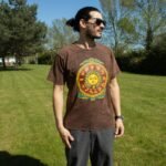 Nomad Sari Unisex Stonewashed Brown Sun & Zodiac Cotton T-Shirt (Small) - Image 2