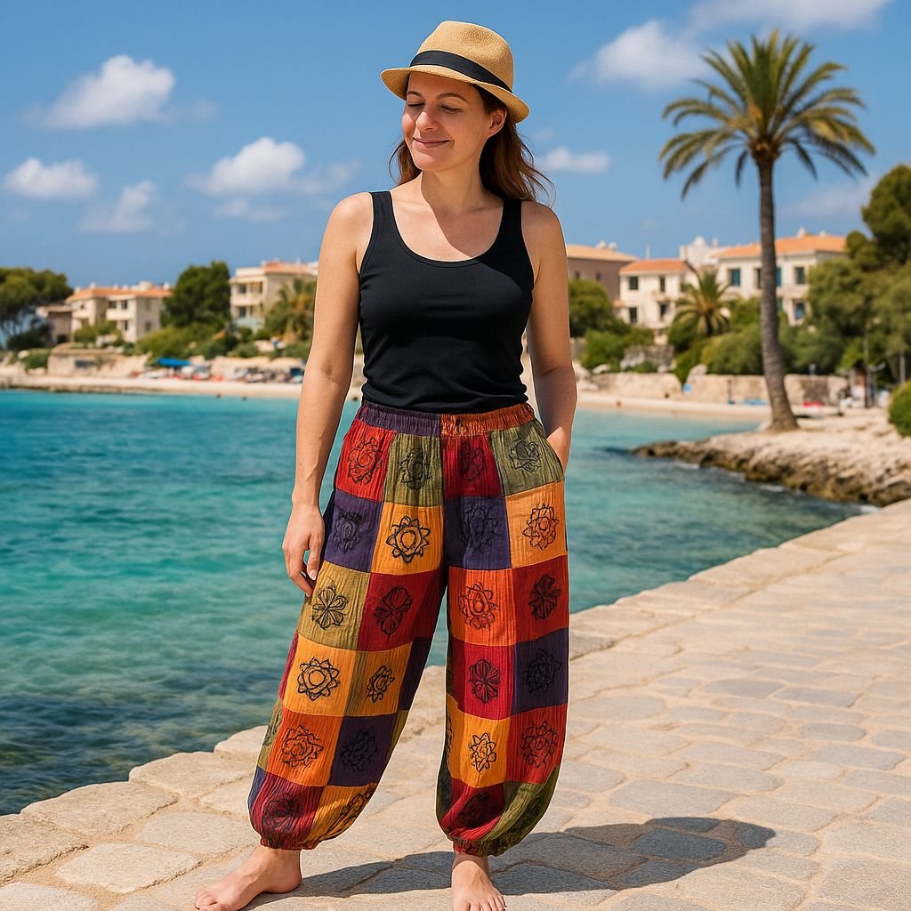 bG9jYWw6Ly9tZWRpYS8xUy9HQy82MFIzMEMxSDc0VjNHQzFTLzcyNTg4YWU2LnBuZw.jpg Nomad Sari Block Print Designs Orange Tones Mushroom Pants (S/M) - Image 1