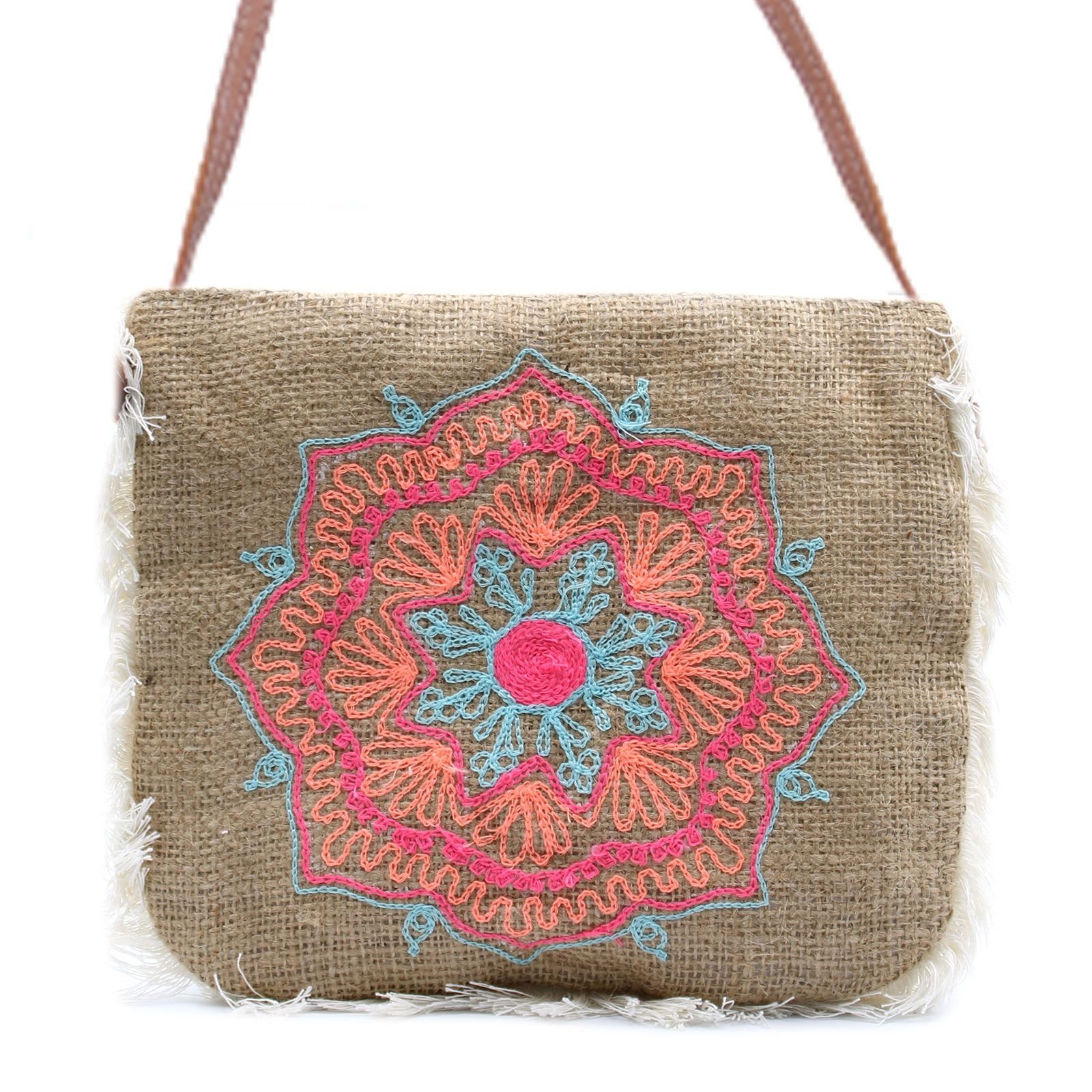 bG9jYWw6Ly9tZWRpYS8xUy9KRS82MFIzMEMxRzZNV0tKRTFTLzFmZmEwMDA1LmpwZWc.jpg Ancient Wisdom Mandela Embroidery Soft Jute Fab Fringe Bag - Image 1