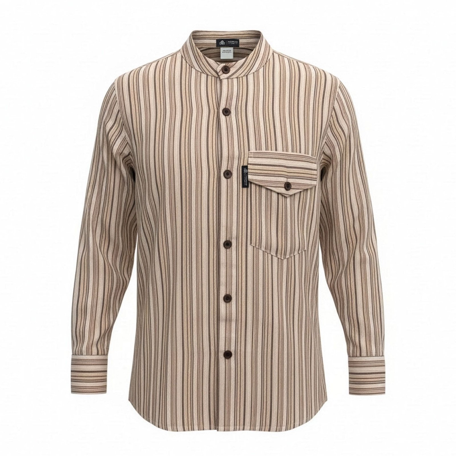 bG9jYWw6Ly9tZWRpYS9ISC9FRC82MFIzMEMxSjY4VzNFREhIL2QxOWQ2OWU4LmpwZw.jpg Nomad Sari Men’s Brown & Beige Stripe Design Grandad Shirt (XL) - Image 1