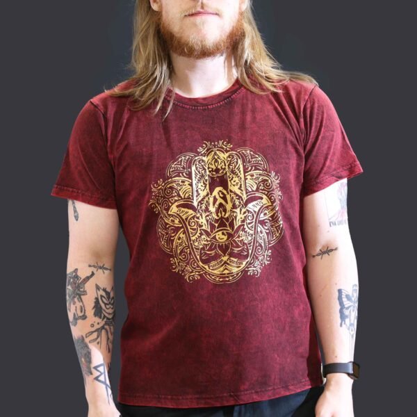 Nomad Sari Unisex Stonewashed Maroon Hamsa Cotton T-Shirt (Large)