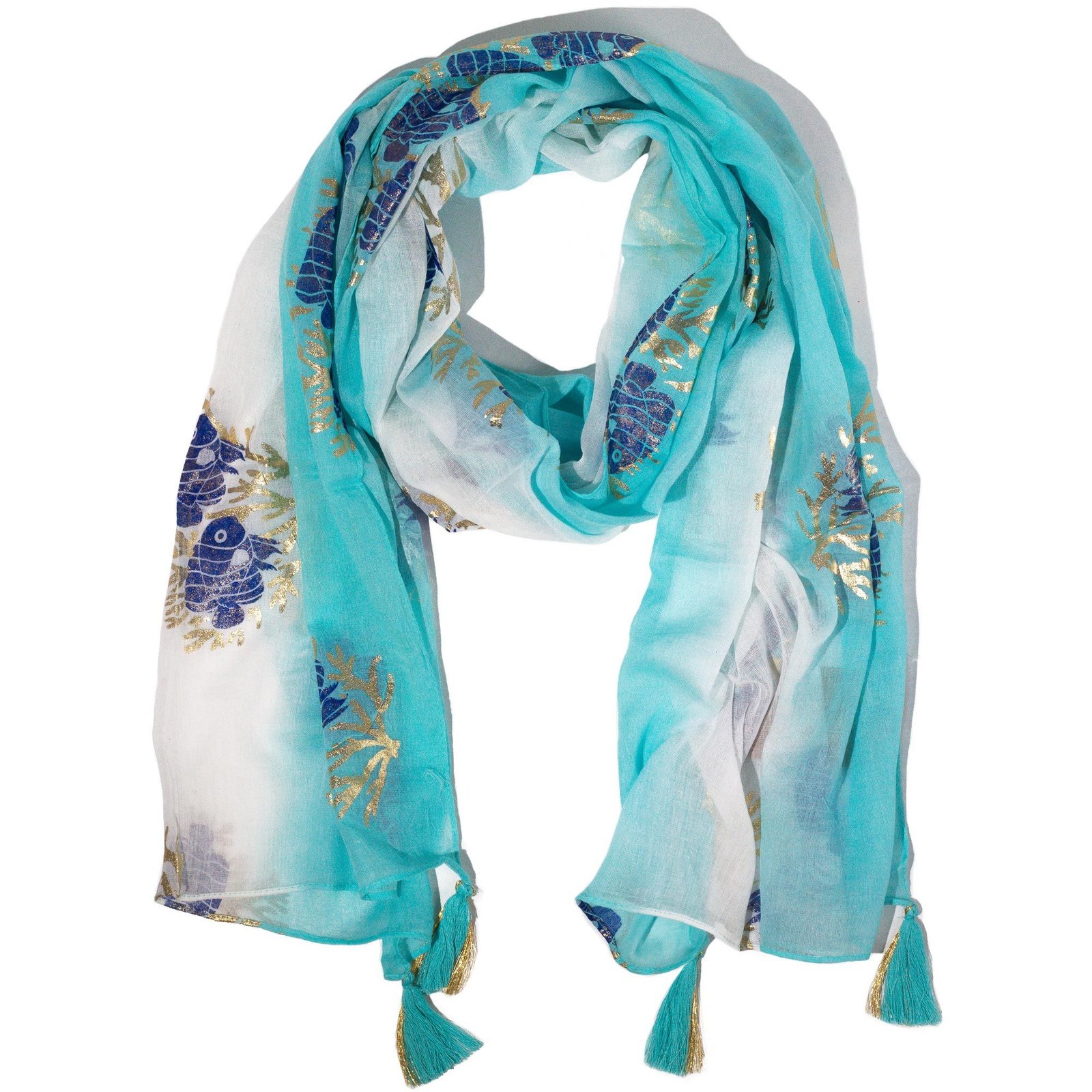 bG9jYWw6Ly9tZWRpYS9IUS9HRC82MFIzMEMxSjY4UjNHREhRL2MwMDdmZThkLmpwZw.jpg Nomad Sari Turquoise & Gold Aqua Fish Print Scarf (180 x 50cm) - Image 1