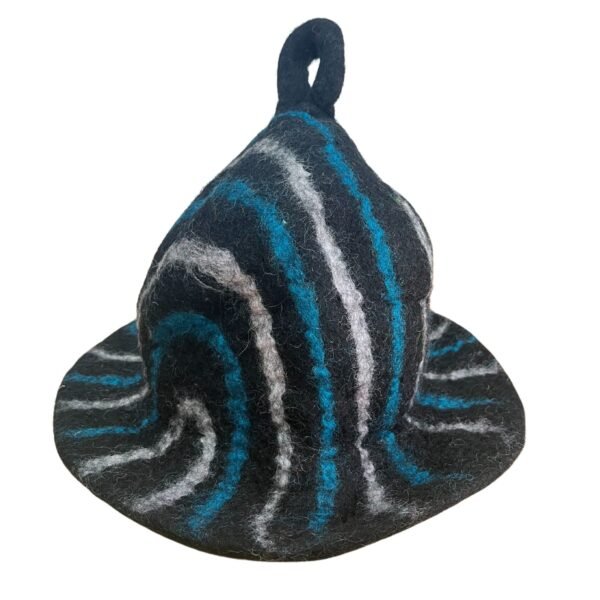 Ancient Wisdom Black & Blue Streaks Design Felted Sauna Bowl Hat