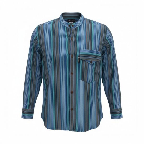 Nomad Sari Men’s Turquoise Bold Stripe Design Grandad Shirt (Large)