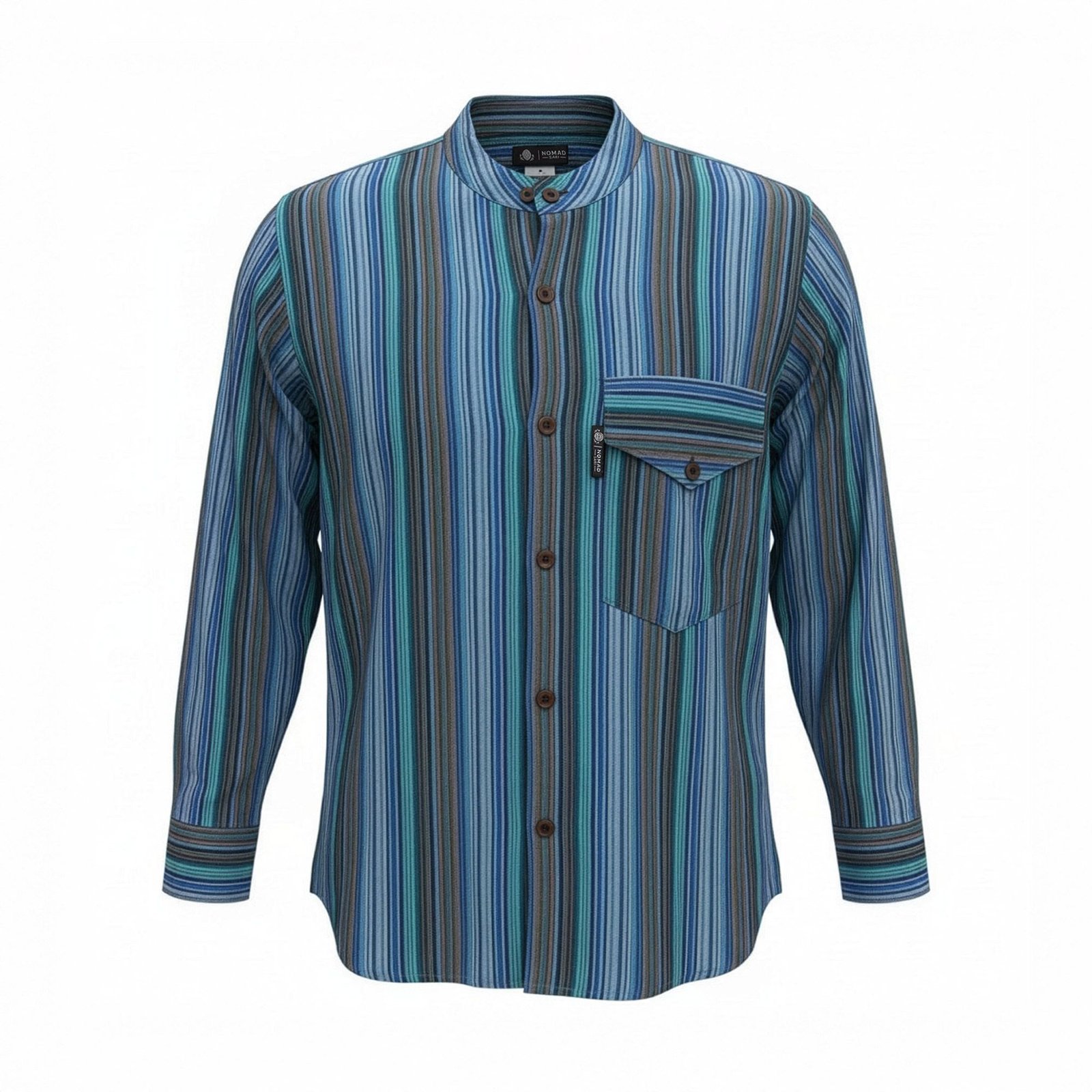 bG9jYWw6Ly9tZWRpYS9TRy9HQy82MFIzMEMxSjY4VzNHQ1NHLzg1ODAwZjU0LmpwZw-1.jpg Nomad Sari Men’s Turquoise Bold Stripe Design Grandad Shirt (Large) - Image 1