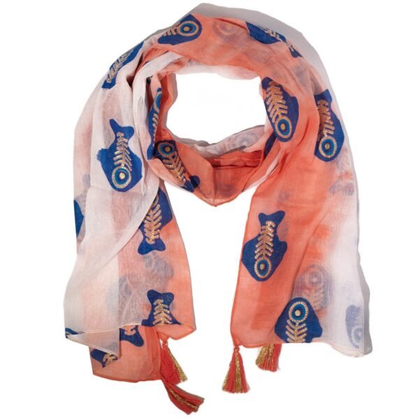 Nomad Sari Coral & Gold Aqua Fish Print Scarf (180 x 50cm)