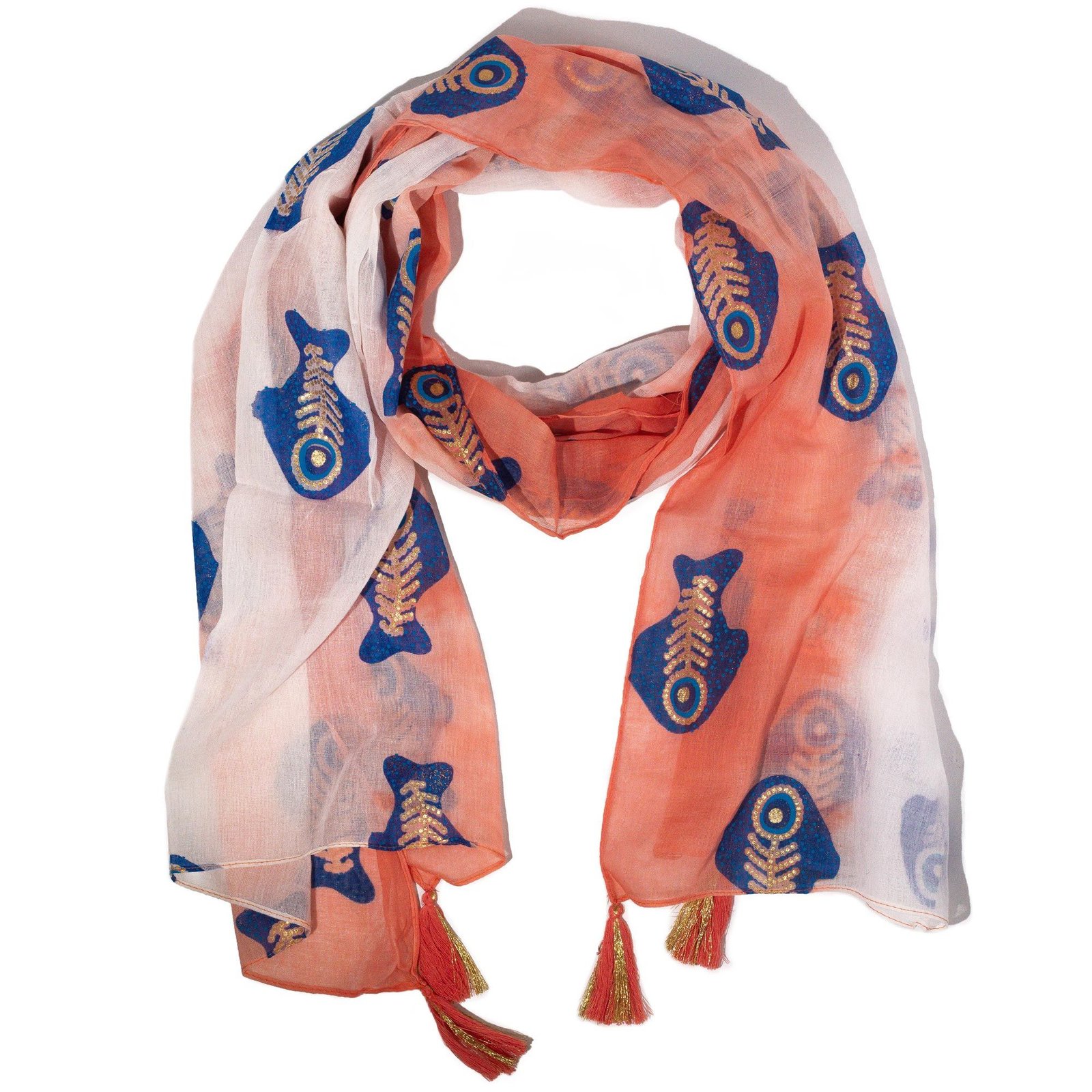 bG9jYWw6Ly9tZWRpYS9TSC9HRC82MFIzMEMxSjY4UjNHRFNIL2ViMjE4OTQzLmpwZw.jpg Nomad Sari Coral & Gold Aqua Fish Print Scarf (180 x 50cm) - Image 1