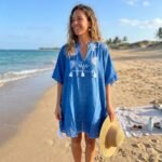 Nomad Sari On The Med Collection Blue with Cream Embroidery & Tassels Kaftan