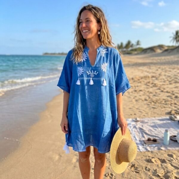 Nomad Sari On The Med Collection Blue with Cream Embroidery & Tassels Kaftan