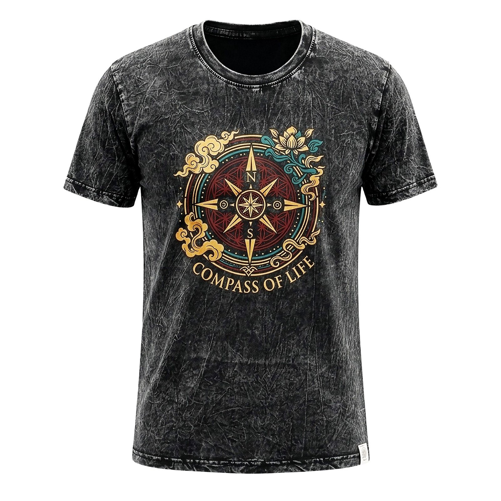 bG9jYWw6Ly9tZWRpYS9TTS80RC82MFIzMEMxSjY4V0s0RFNNL2Q2MTM3MjEzLmpwZw.jpg Nomad Sari Unisex Stonewashed Charcoal Compass of Life Cotton T-Shirt (Medium) - Image 1