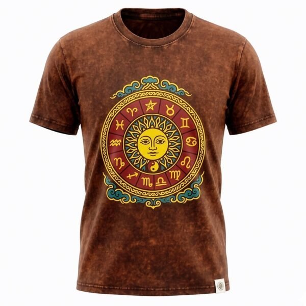 Nomad Sari Unisex Stonewashed Brown Sun & Zodiac Cotton T-Shirt (Small)