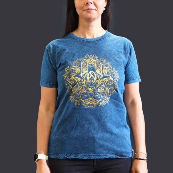 Nomad Sari Unisex Stonewashed Blue Hamsa Cotton T-Shirt (Medium)