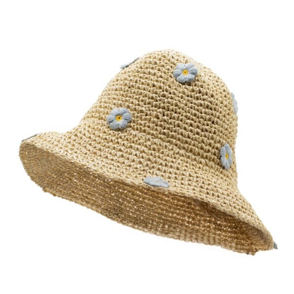 Nomad Sari Beige & Blue Flowers Design Floppy Straw Sun Hat