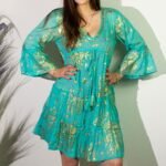 Nomad Sari Turquoise & Gold Coral Print Dress (M/L) - Image 2