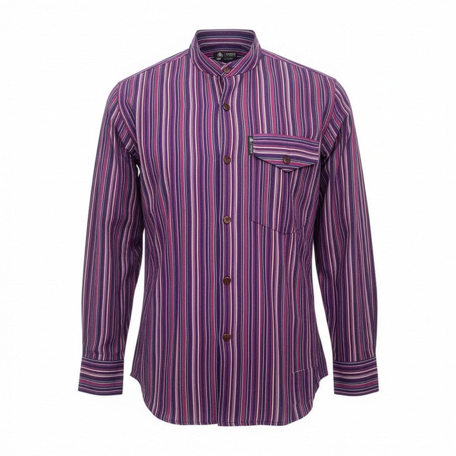 bG9jYWw6Ly9tZWRpYS9TUy9FRC82MFIzMEMxSjY4VzNFRFNTLzIyZWUzMGFkLmpwZw.jpg Nomad Sari Men’s Black & Purple Stripe Design Grandad Shirt (XL) - Image 1