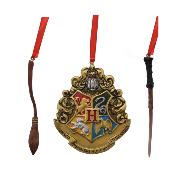 Harry Potter Set of 3 Resin Wand, Crest & Broom Christmas Tree Decorations