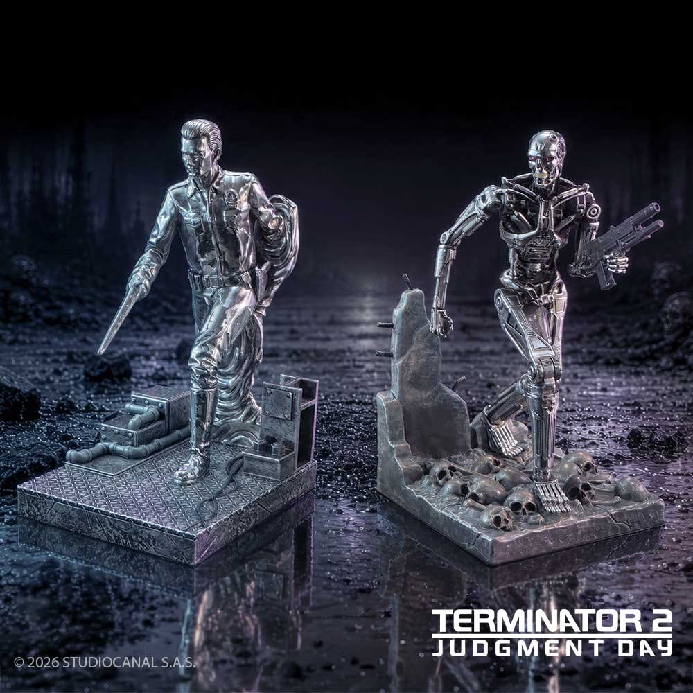 b7681c26 Terminator 2 Judgement Day - T-1000 vs T-800 Silver Finish Resin Bookends (18.5cm) Terminator 2: Judgement Day - T-1000 vs T-800 Silver Finish Resin Bookends (18.5cm) - Image 1